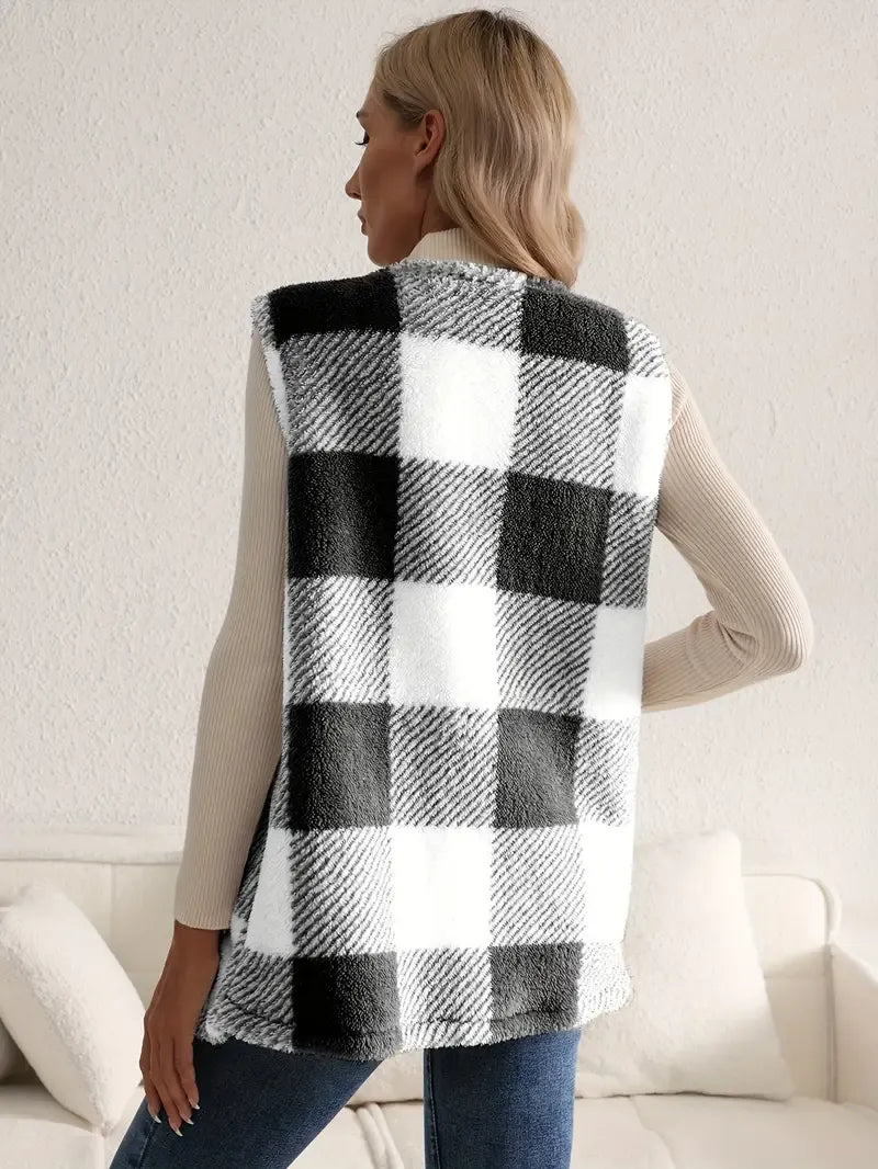 Geruit teddy dames vest met zakken – Everette