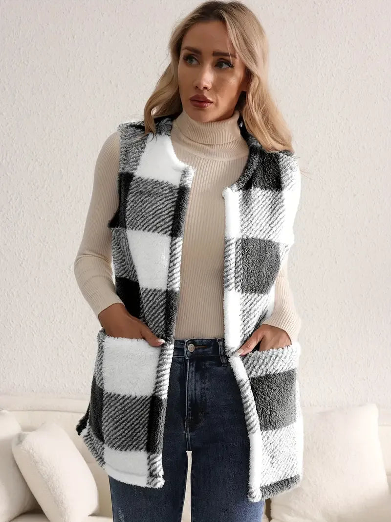 Geruit teddy dames vest met zakken – Everette