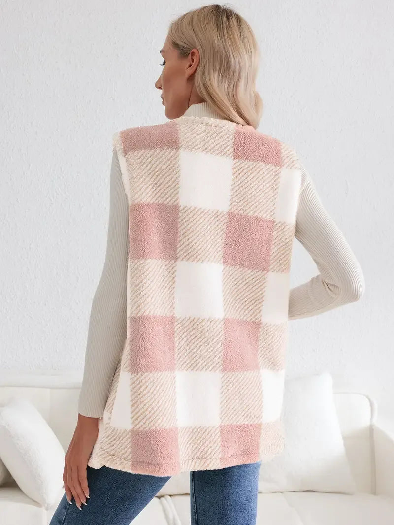 Geruit teddy dames vest met zakken – Everette