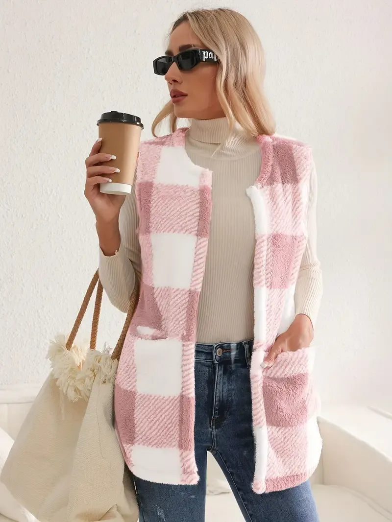 Geruit teddy dames vest met zakken – Everette