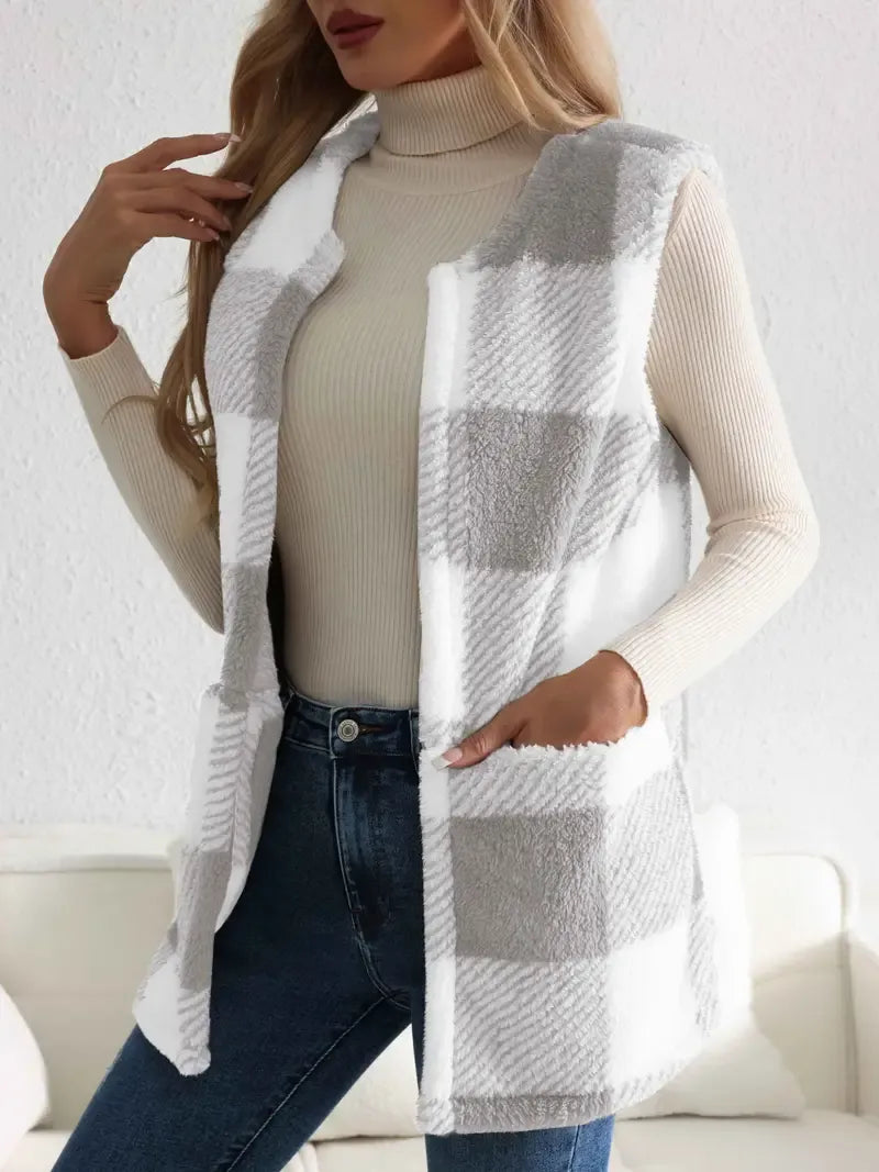 Geruit teddy dames vest met zakken – Everette