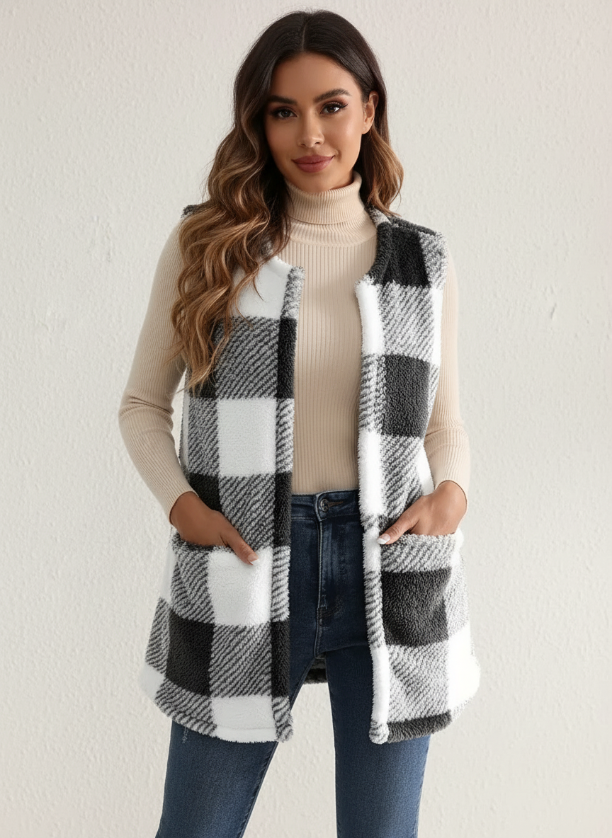 Geruit teddy dames vest met zakken – Everette