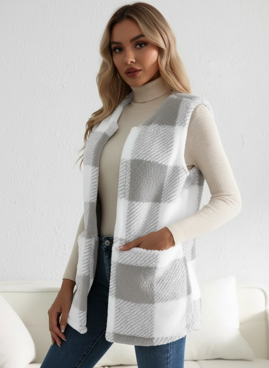 Geruit teddy dames vest met zakken – Everette