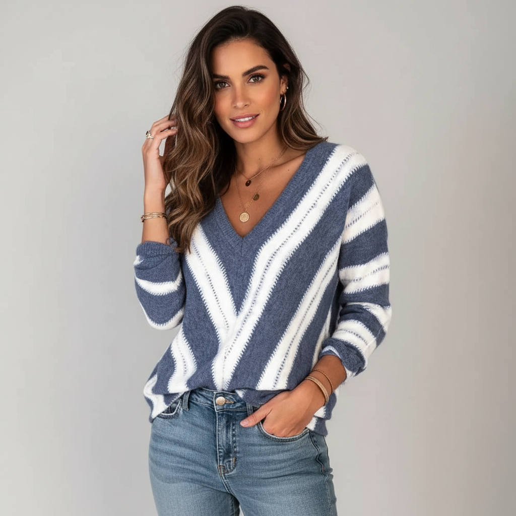 Gestreepte damestrui met v-hals en zachte knit