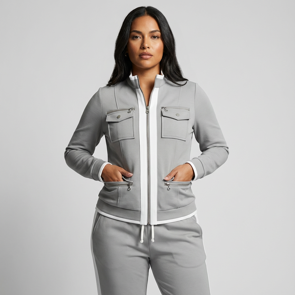 Getailleerde dames set met ritsjack en broek met contrastdetails