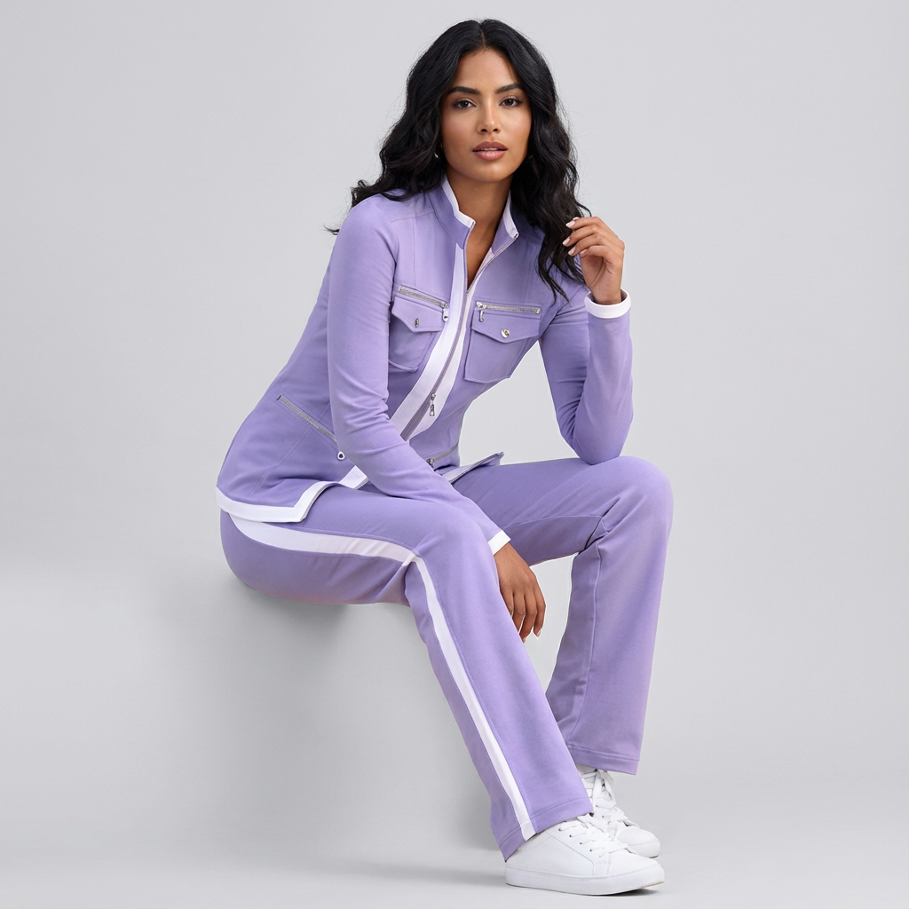 Getailleerde dames set met ritsjack en broek met contrastdetails