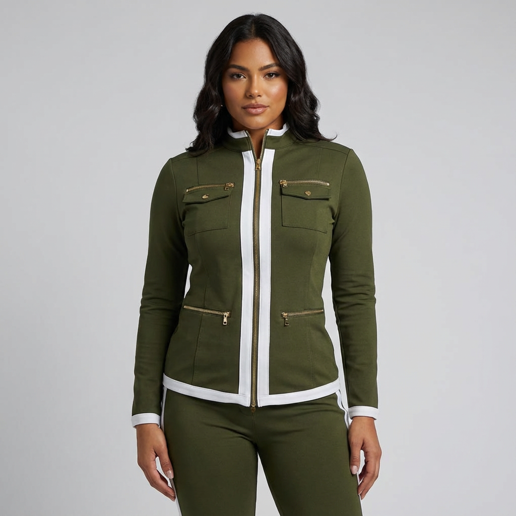 Tailored women’s set with zip jacket and trousers with contrasting details