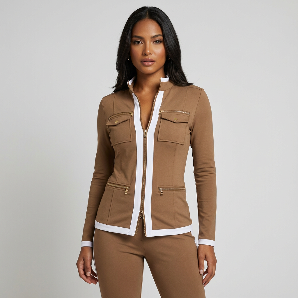 Tailored women’s set with zip jacket and trousers with contrasting details
