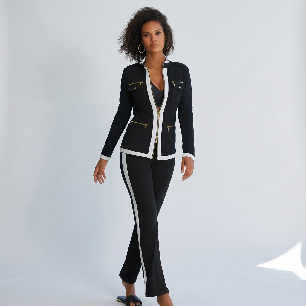 Tailored women’s set with zip jacket and trousers with contrasting details