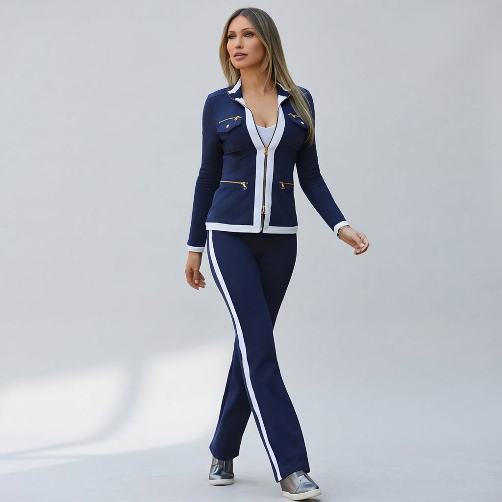 Tailored women’s set with zip jacket and trousers with contrasting details