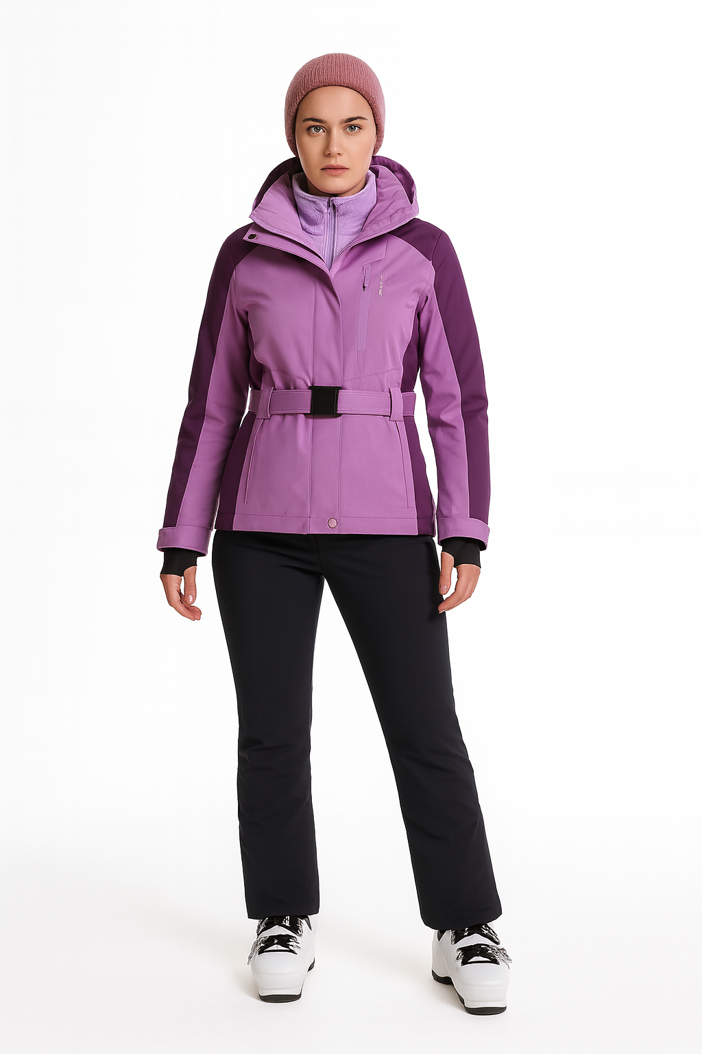 Getailleerde dames ski jas met ceintuur en capuchon