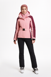Getailleerde dames ski jas met ceintuur en capuchon