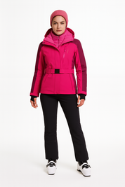 Getailleerde dames ski jas met ceintuur en capuchon