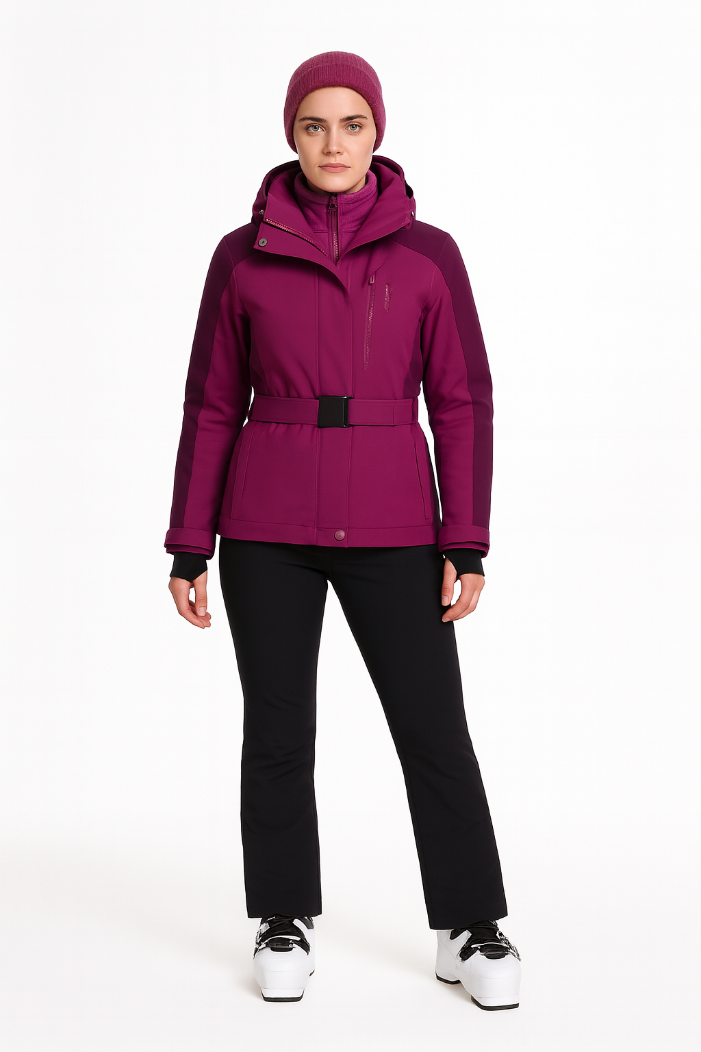 Getailleerde dames ski jas met ceintuur en capuchon