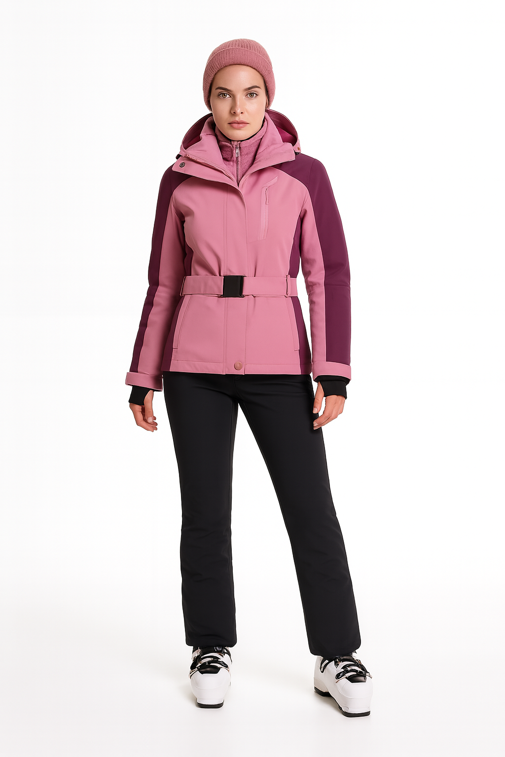 Getailleerde dames ski jas met ceintuur en capuchon