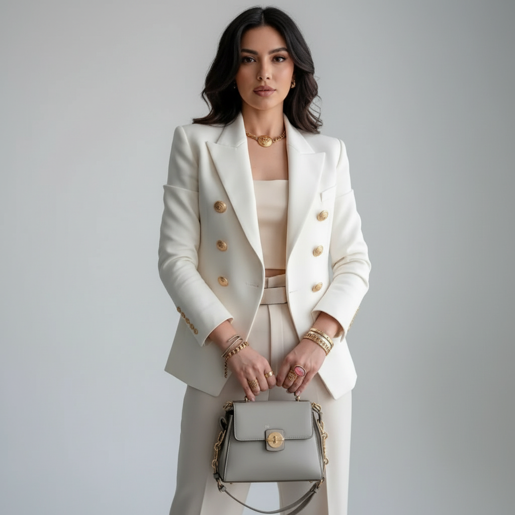 Getailleerde double-breasted damesblazer met goudkleurige knopen