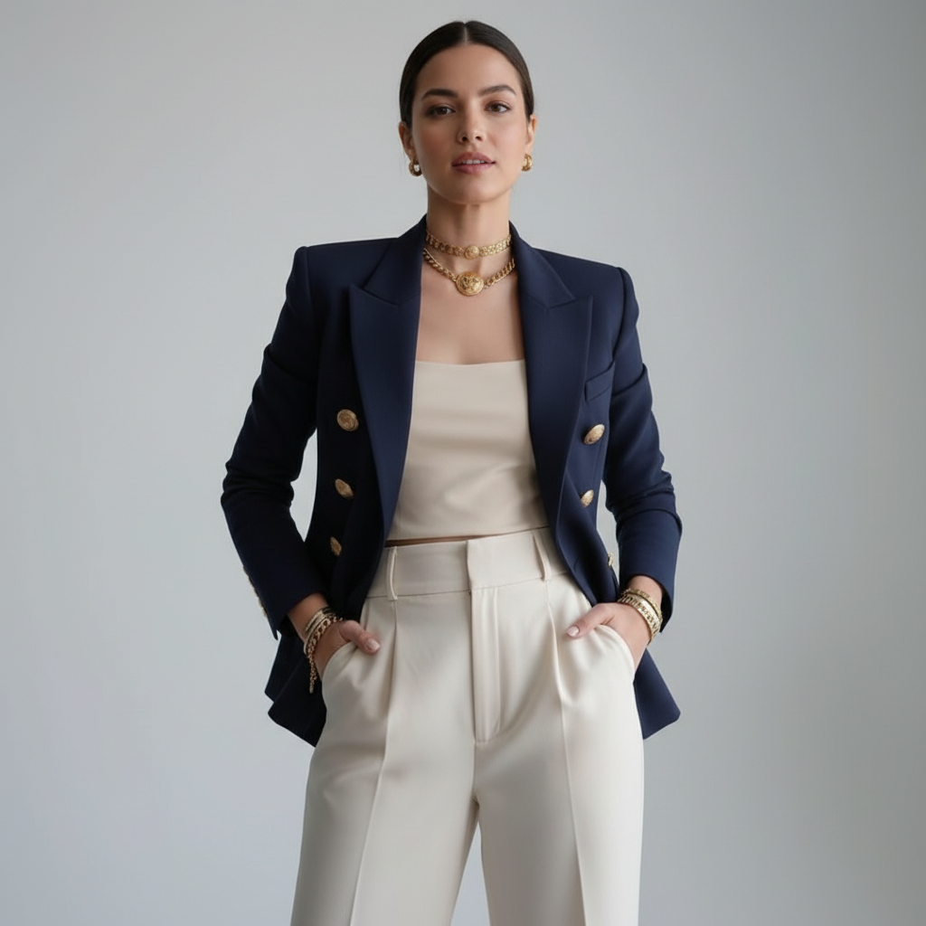 Getailleerde double-breasted damesblazer met goudkleurige knopen