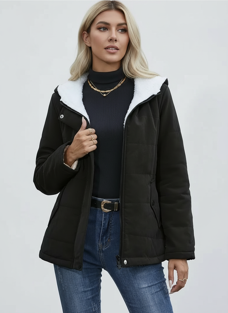 Gevoerde dames winterjas met capuchon en teddy voering - Aurora