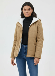 Gevoerde dames winterjas met capuchon en teddy voering - Aurora