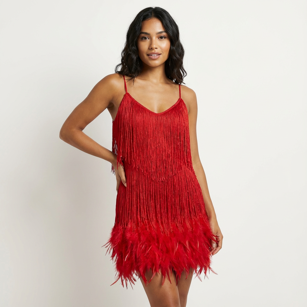 Glamoureuze pailletten veren cocktailjurk