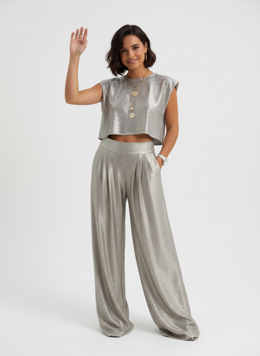 Glanzende two-piece set met cropped top en wide-leg broek – Alina