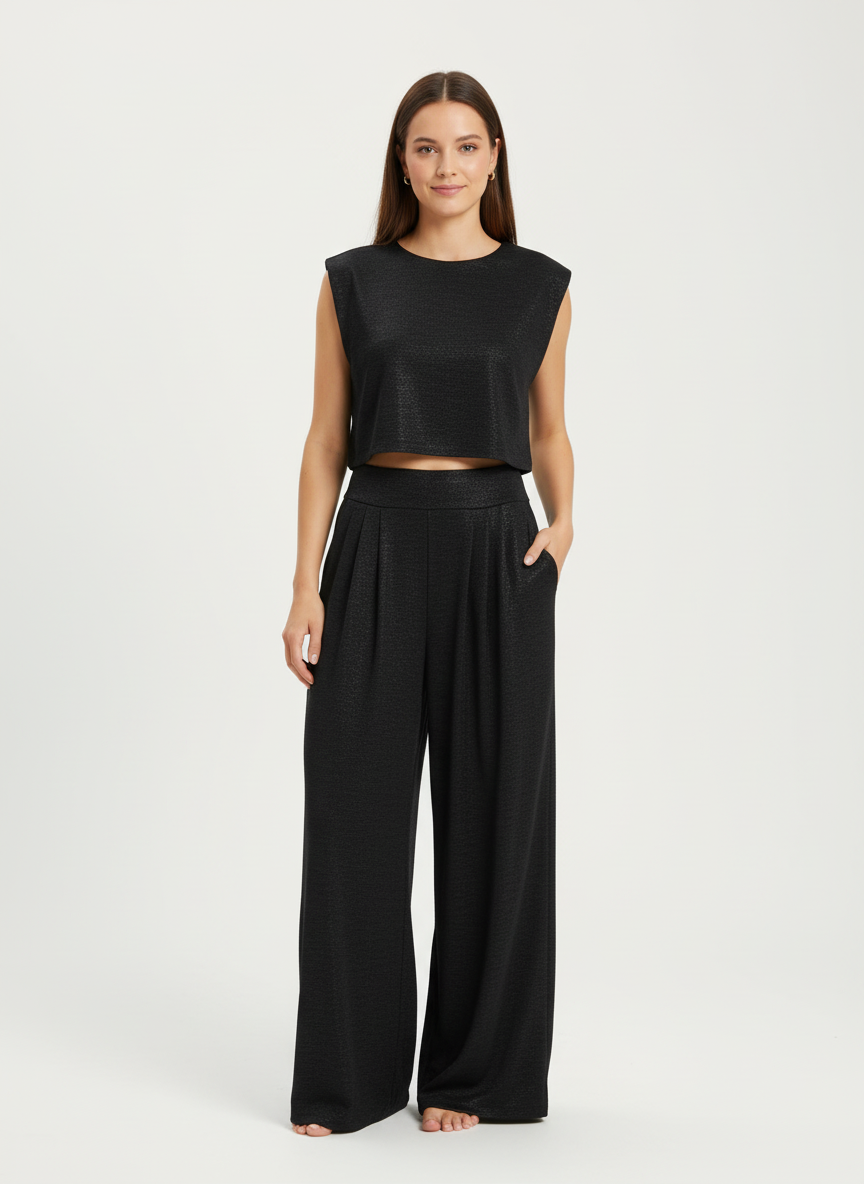 Glanzende two-piece set met cropped top en wide-leg broek – Alina