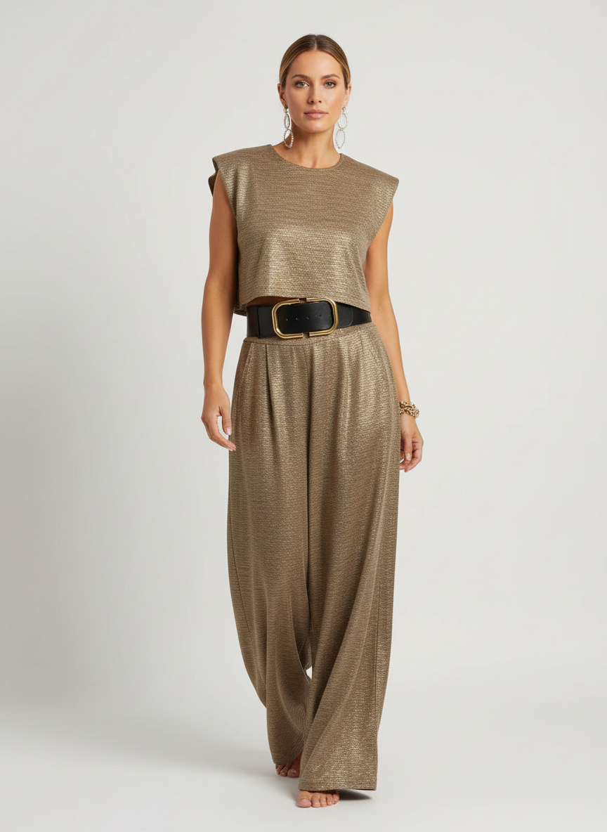 Glanzende two-piece set met cropped top en wide-leg broek – Alina