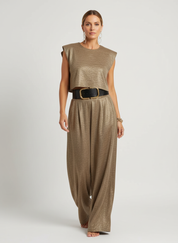 Glanzende two-piece set met cropped top en wide-leg broek – Alina
