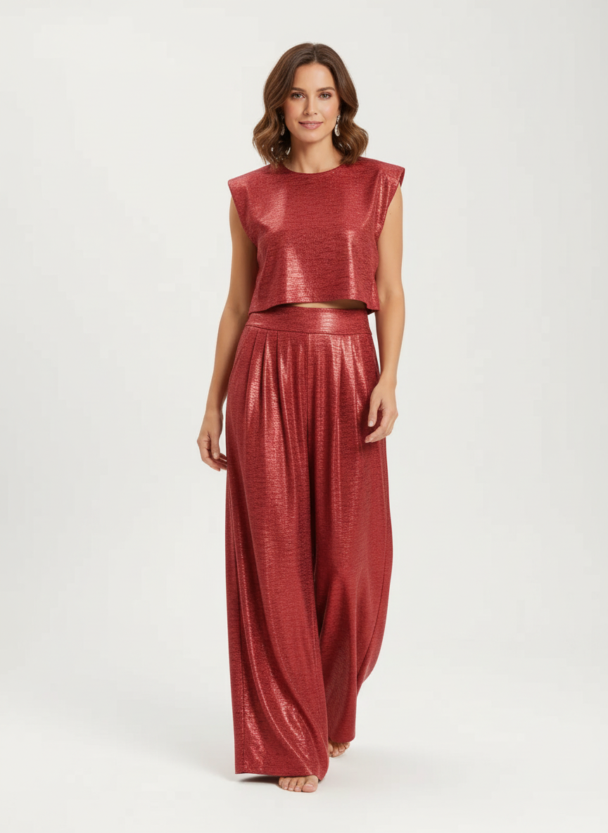 Glanzende two-piece set met cropped top en wide-leg broek – Alina