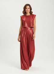 Glanzende two-piece set met cropped top en wide-leg broek – Alina