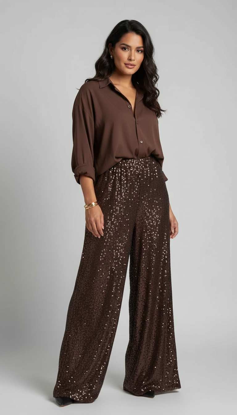 Glinsterende dames set met blouse en wijde broek