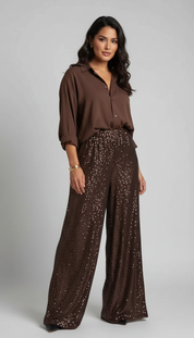 Glinsterende dames set met blouse en wijde broek