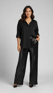 Glinsterende dames set met blouse en wijde broek