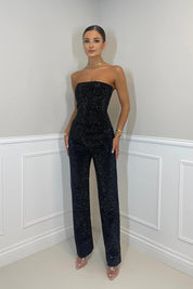 Glitter tweedelige set met strapless top en high-waist broek