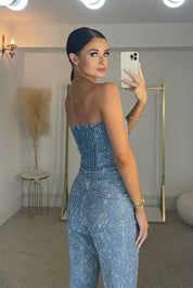 Glitter tweedelige set met strapless top en high-waist broek