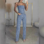 Glitter tweedelige set met strapless top en high-waist broek