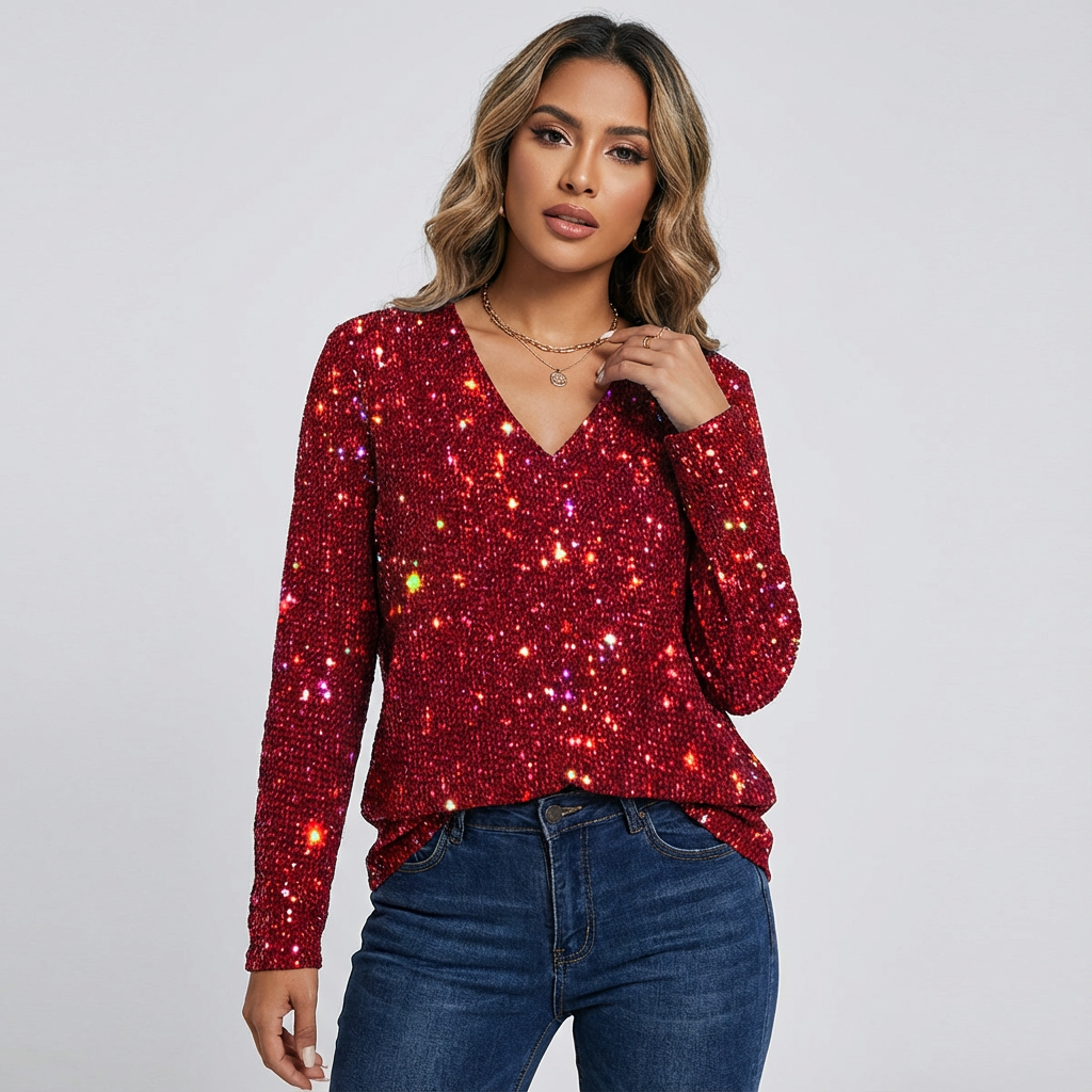 Glitter damesblouse met V-hals