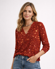 Glitter dames top met V-hals en lange mouwen – Zane