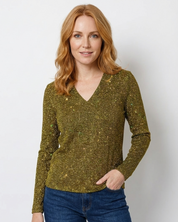 Glitter dames top met V-hals en lange mouwen – Zane