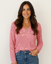 Glitter dames top met V-hals en lange mouwen – Zane