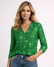 Glitter dames top met V-hals en lange mouwen – Zane