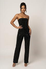 Glitter tweedelige set met strapless top en high-waist broek