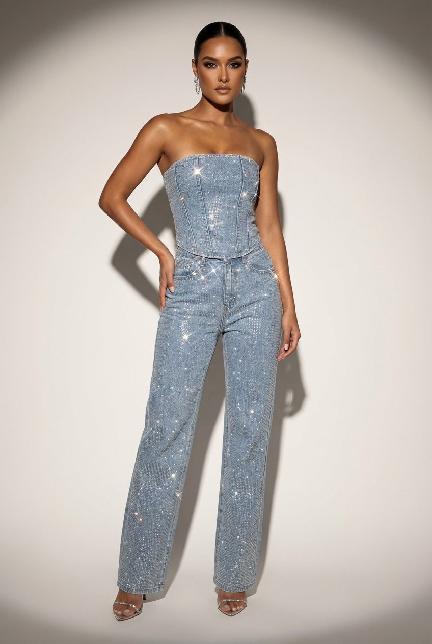 Glitter tweedelige set met strapless top en high-waist broek