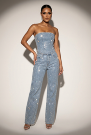 Glitter tweedelige set met strapless top en high-waist broek