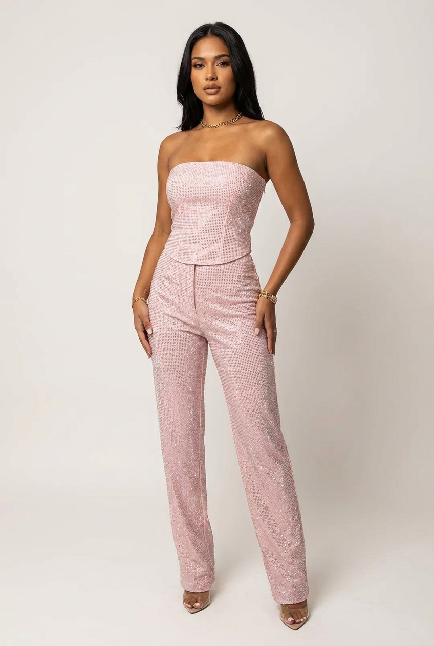 Glitter tweedelige set met strapless top en high-waist broek