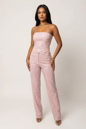 Glitter tweedelige set met strapless top en high-waist broek