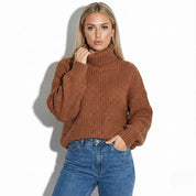 Grofgebreide damestrui met hoge kraag en structuur