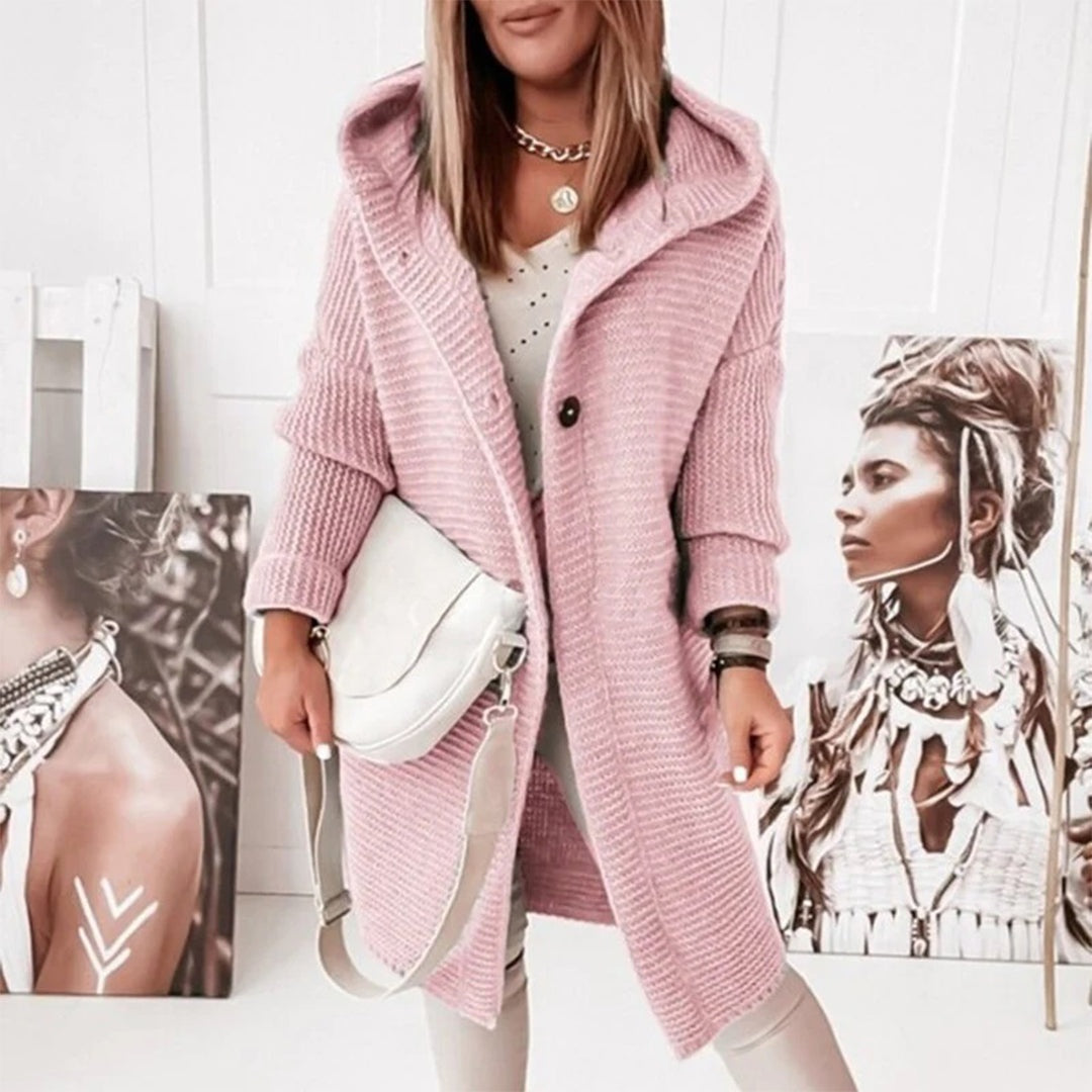 Mid-length knitted women's cardigan with a hood – India