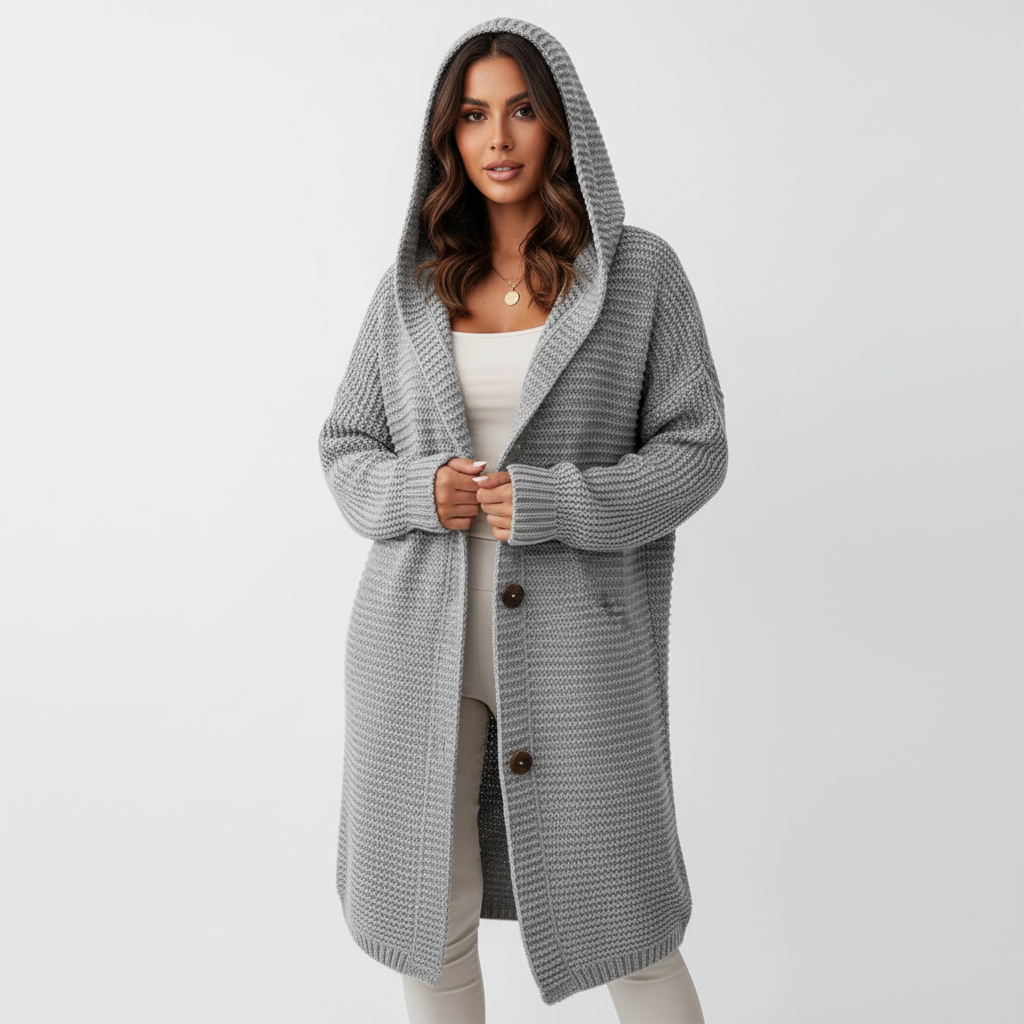 Halflang gebreid damesvest met capuchon – India