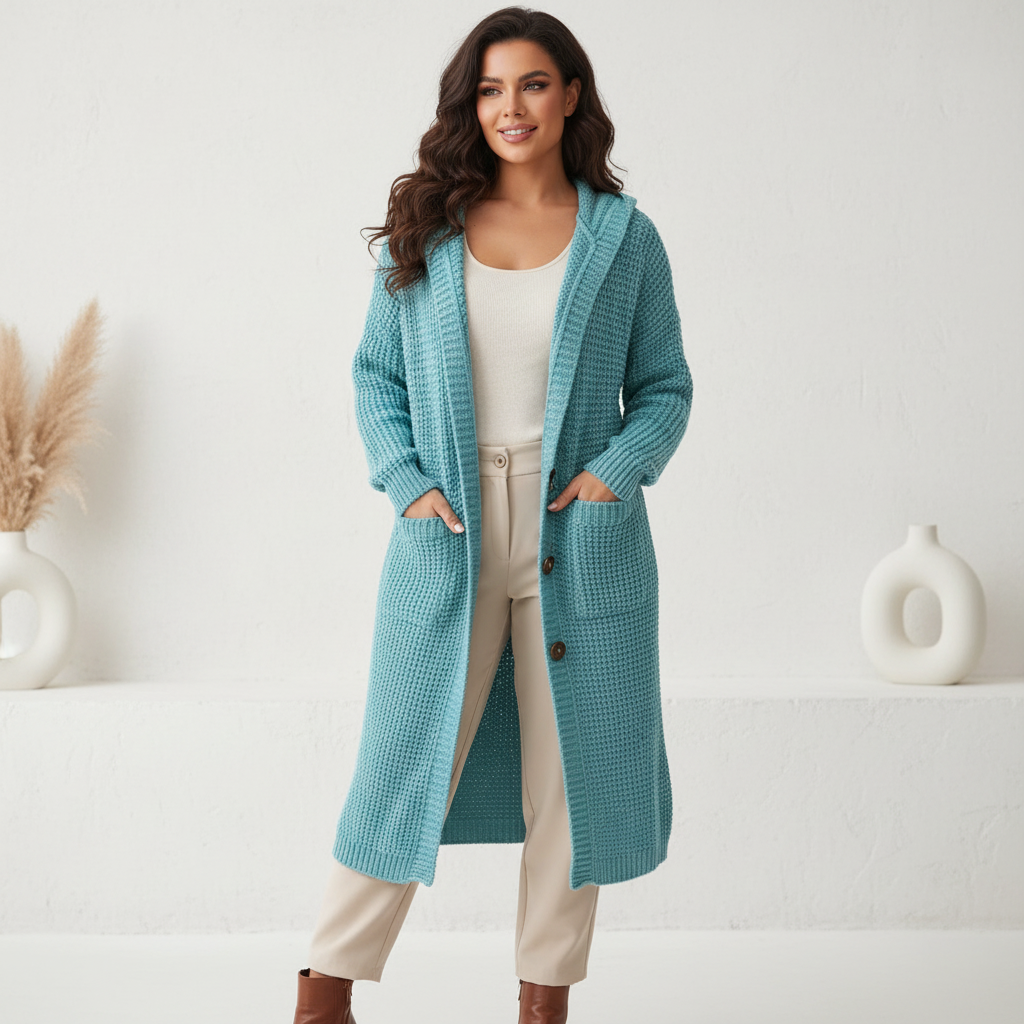 Halflang gebreid damesvest met capuchon – India